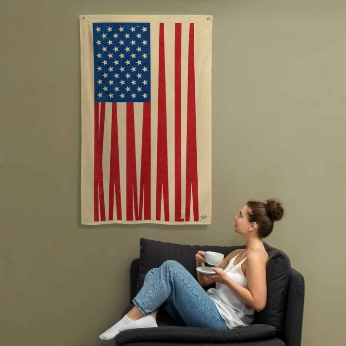 all-over-print-flag-white-front-66d5c7cdaa2dc.jpg Gary Taxali “Kamala Flag” flag, 24 x 36 inches - art gift by Canadian artist Gary Taxali