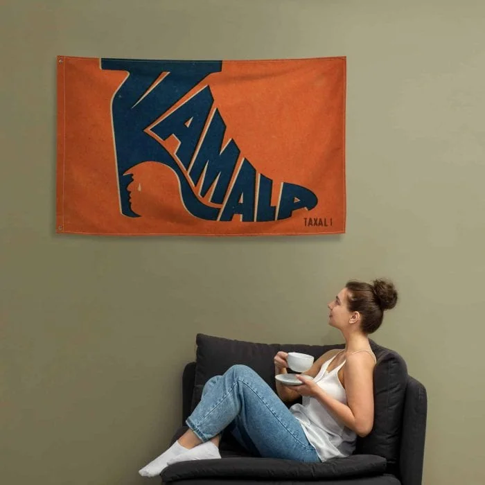 all-over-print-flag-white-front-671acec6eeb49.jpg Gary Taxali “Kamala Heel” flag, 24 x 36 inches - artist merchandise by Gary Taxali