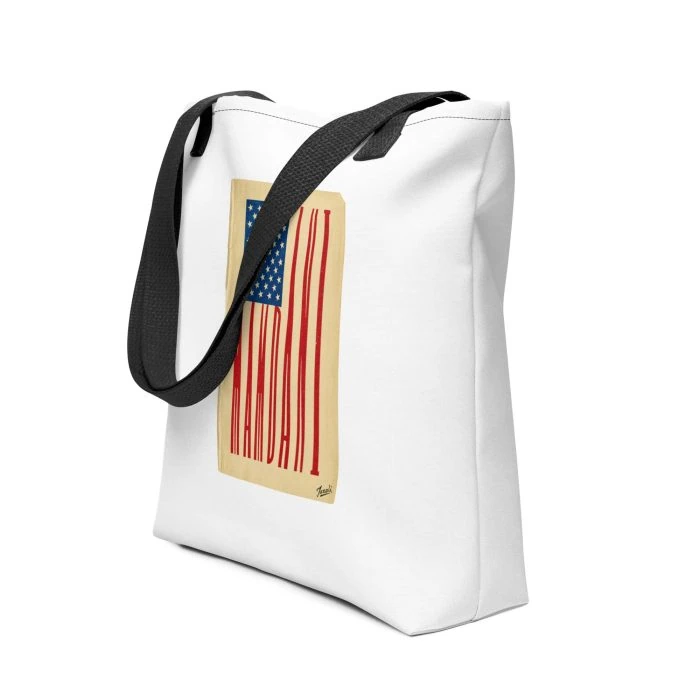 all-over-print-tote-bag-black-15x15-front-692f477e8e803.jpg "Mamdani Flag" Tote Bag - artist designed clothing by Gary Taxali