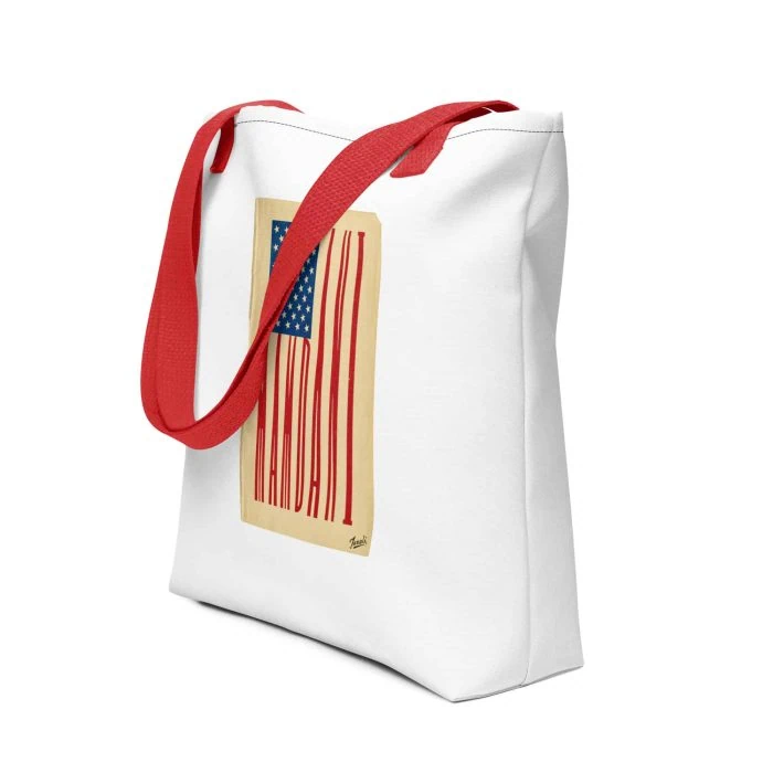 all-over-print-tote-bag-red-15x15-front-692f477e8e8d3.jpg "Mamdani Flag" Tote Bag - artist designed clothing by Gary Taxali