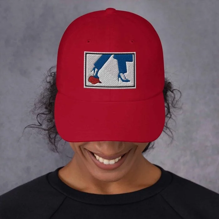 classic-dad-hat-cranberry-front-66d35fc2a5b5e.jpg Gary Taxali Anti-MAGA cap – Red, Black, or White - art fashion by Canadian artist Gary Taxali