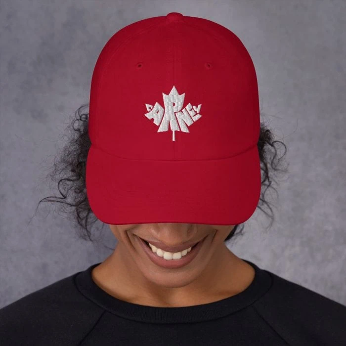 classic-dad-hat-cranberry-front-67d5c6e024172.jpg Gary Taxali “Carney” Dad hat (White Thread) - artist designed clothing by Canadian artist Gary Taxali