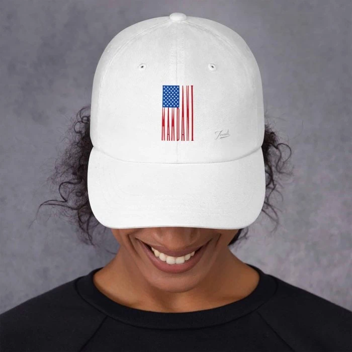 classic-dad-hat-white-front-692f4509afd0c.jpg "Mamdani Flag" Print Dad Hat - pop art apparel by Canadian artist Gary Taxali