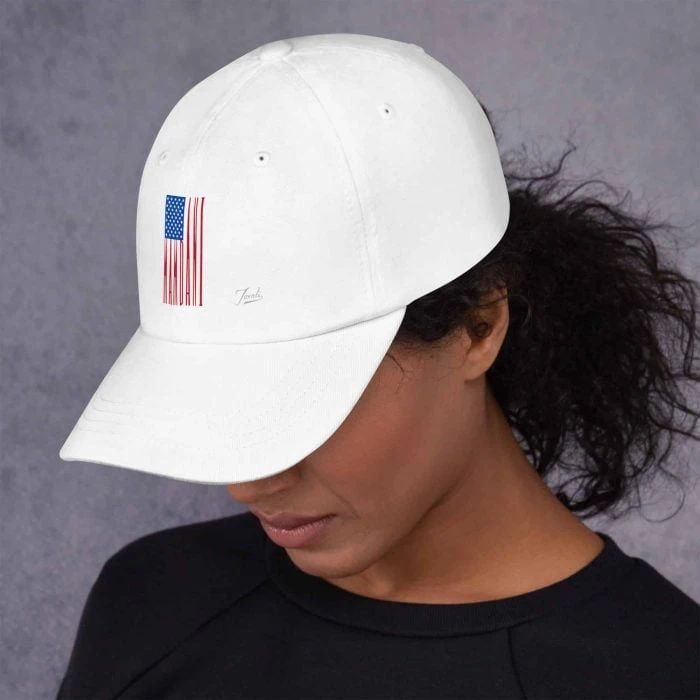 classic-dad-hat-white-left-side-692f4509b03be.jpg "Mamdani Flag" Print Dad Hat - pop art apparel by Canadian artist Gary Taxali