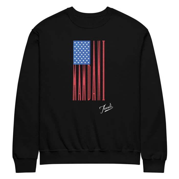 "MAMDANI FLAG" CREW NECK SWEATSHIRT - DARK COLOURS - artist designed clothing by Canadian artist Gary Taxali