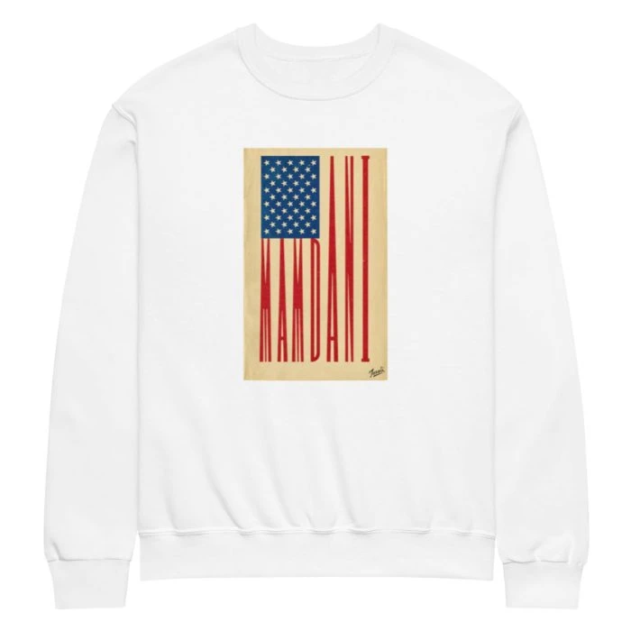 classic-unisex-crew-neck-sweatshirt-white-front-692f4fdb5a7bd.jpg "MAMDANI FLAG" CREW NECK SWEATSHIRT - artist designed clothing by Gary Taxali