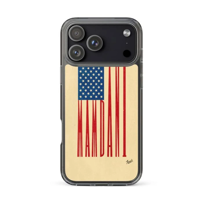 clear-case-for-iphone-iphone-17-pro-max-case-on-phone-692f4dfa8c4e7.jpg "MAMDANI FLAG" CLEAR CASE FOR iPHONE - artwork by Gary Taxali
