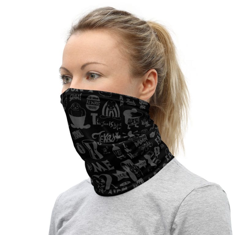 mockup-96e102a4.jpg Mask/Neck Gaiter "Don't Let Me Fall" - pop art apparel by Canadian artist Gary Taxali