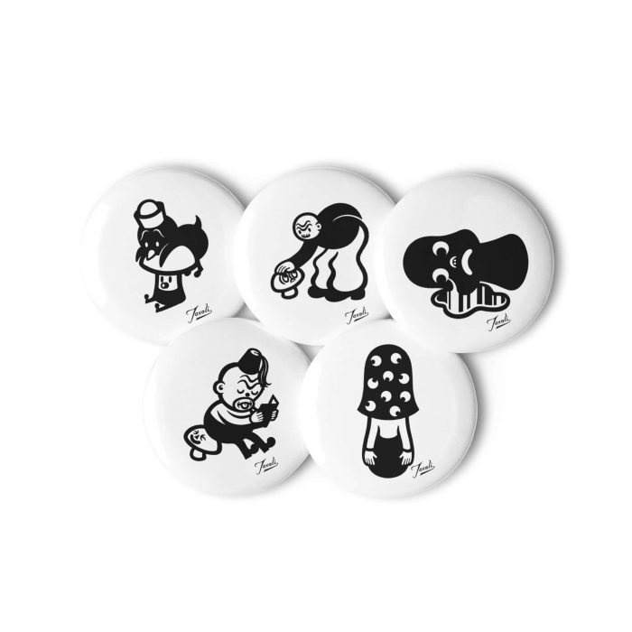 set-of-pin-buttons-white-2.25-front-2-653818c9080da.jpg "Mushrooms" Gary Taxali Button Set - artist merchandise by Gary Taxali