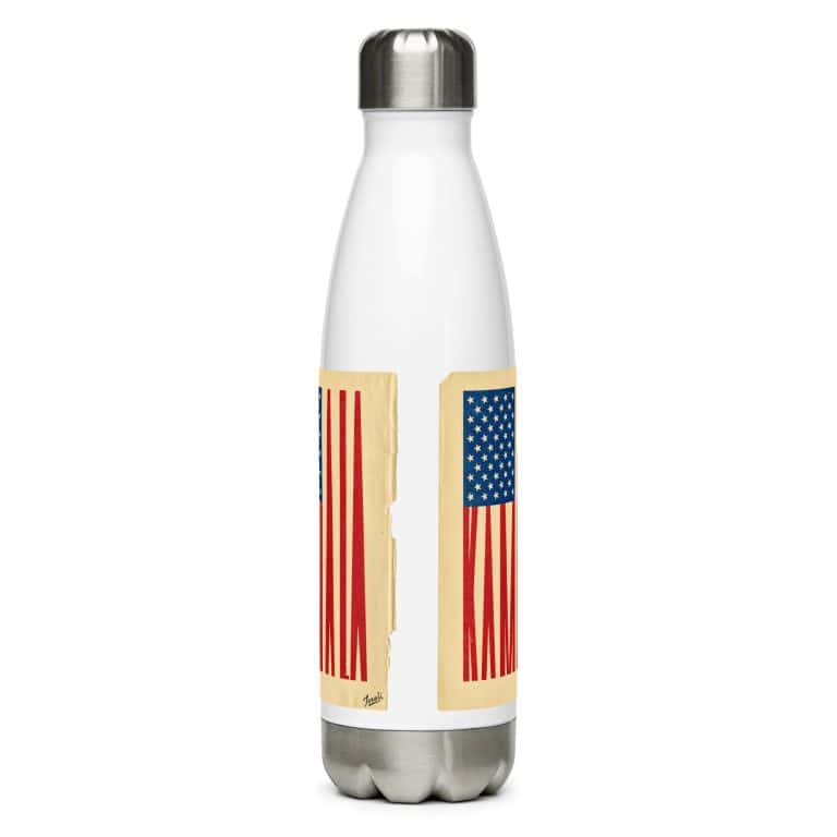 stainless-steel-water-bottle-white-17-oz-back-66d14212c69da.jpg "Kamala Flag" Stainless steel water bottle - art gift by Canadian artist Gary Taxali