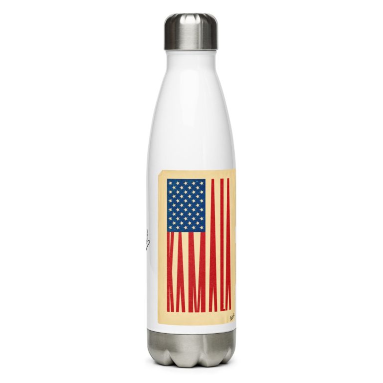 stainless-steel-water-bottle-white-17-oz-left-66d14212c689c.jpg "Kamala Flag" Stainless steel water bottle - art gift by Canadian artist Gary Taxali