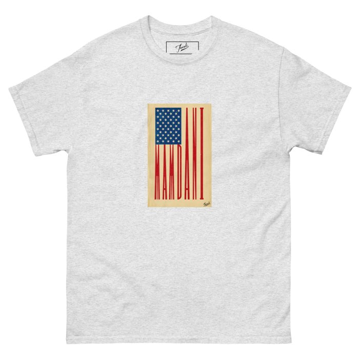 unisex-classic-tee-ash-front-692f4897e5306.jpg GARY TAXALI “MAMDANI FLAG” UNISEX CLASSIC T-SHIRT - artist designed clothing by Canadian artist Gary Taxali