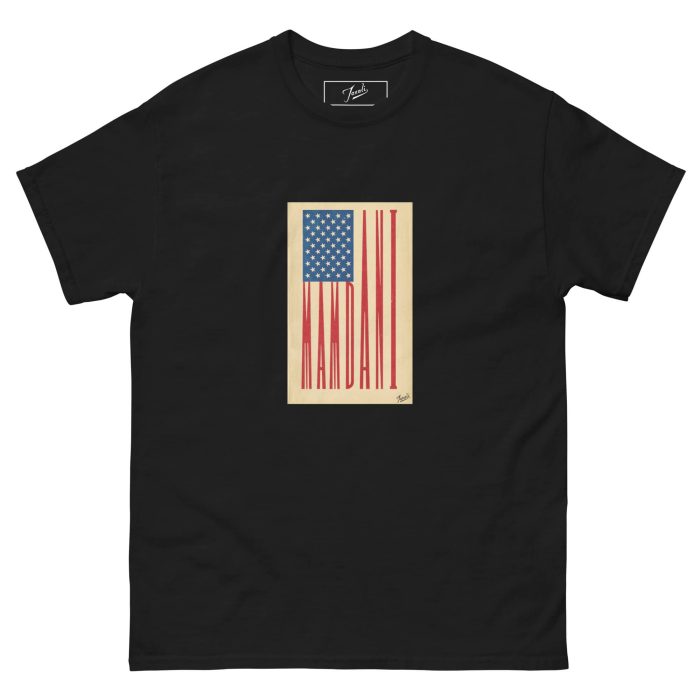 unisex-classic-tee-black-front-692f4897dd72e.jpg GARY TAXALI “MAMDANI FLAG” UNISEX CLASSIC T-SHIRT - artist designed clothing by Canadian artist Gary Taxali