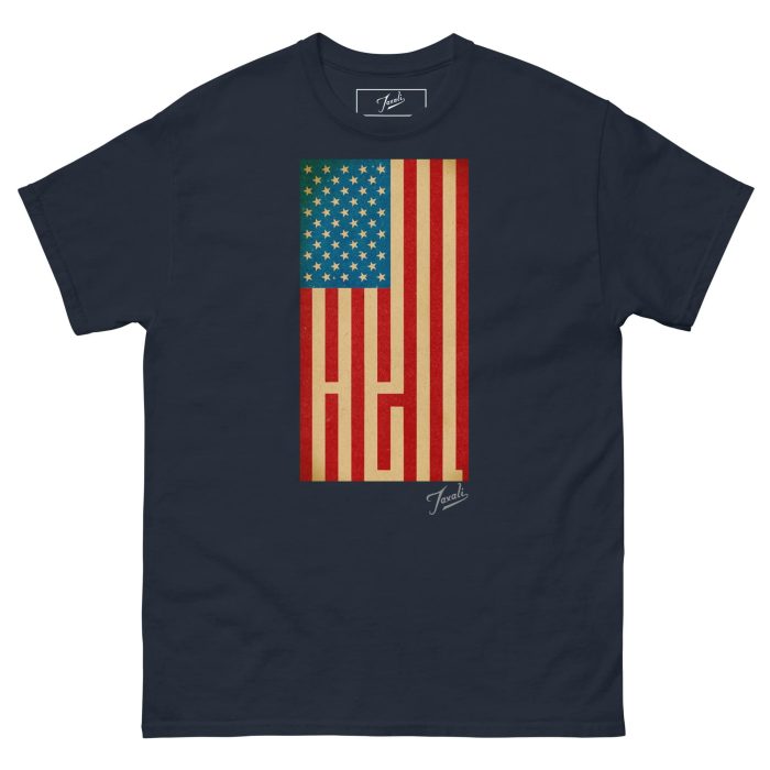 unisex-classic-tee-navy-front-67b88fc20a399.jpg GARY TAXALI “HEIL” UNISEX CLASSIC T-SHIRT - artist designed clothing by Canadian artist Gary Taxali