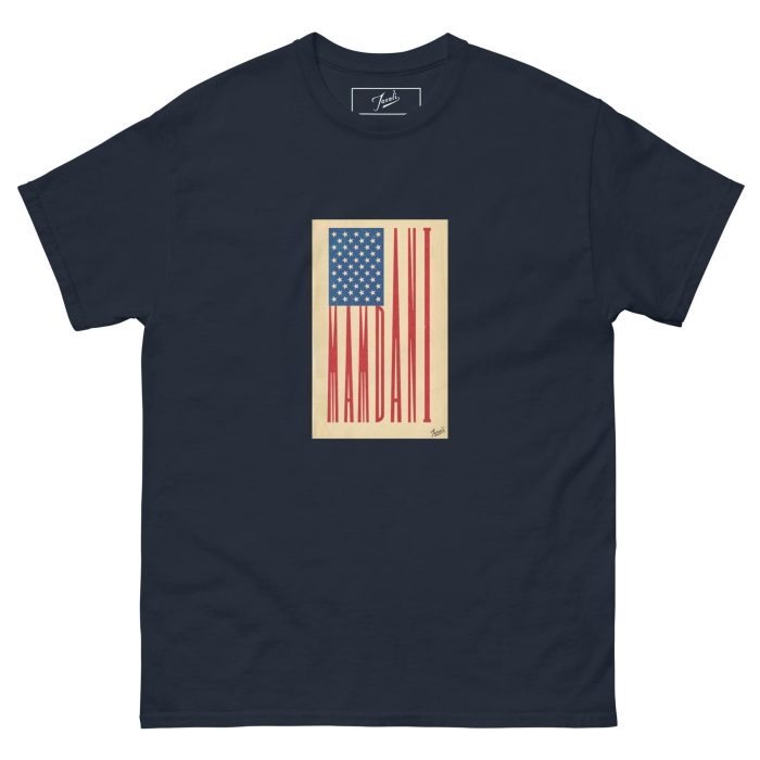 unisex-classic-tee-navy-front-692f4897e0c80.jpg GARY TAXALI “MAMDANI FLAG” UNISEX CLASSIC T-SHIRT - artist designed clothing by Canadian artist Gary Taxali