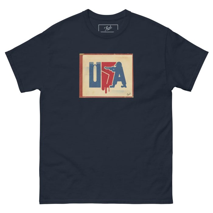 unisex-classic-tee-navy-front-6976af37bda49.jpg GARY TAXALI "STICK UP" UNISEX CLASSIC TEE - artist designed clothing by Canadian artist Gary Taxali