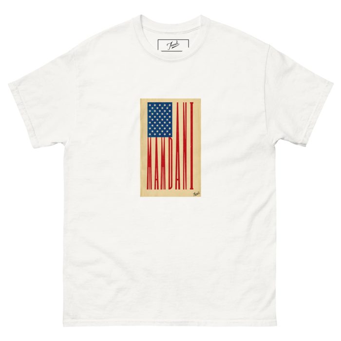 unisex-classic-tee-white-front-692f4897ed2aa.jpg GARY TAXALI “MAMDANI FLAG” UNISEX CLASSIC T-SHIRT - artist designed clothing by Canadian artist Gary Taxali