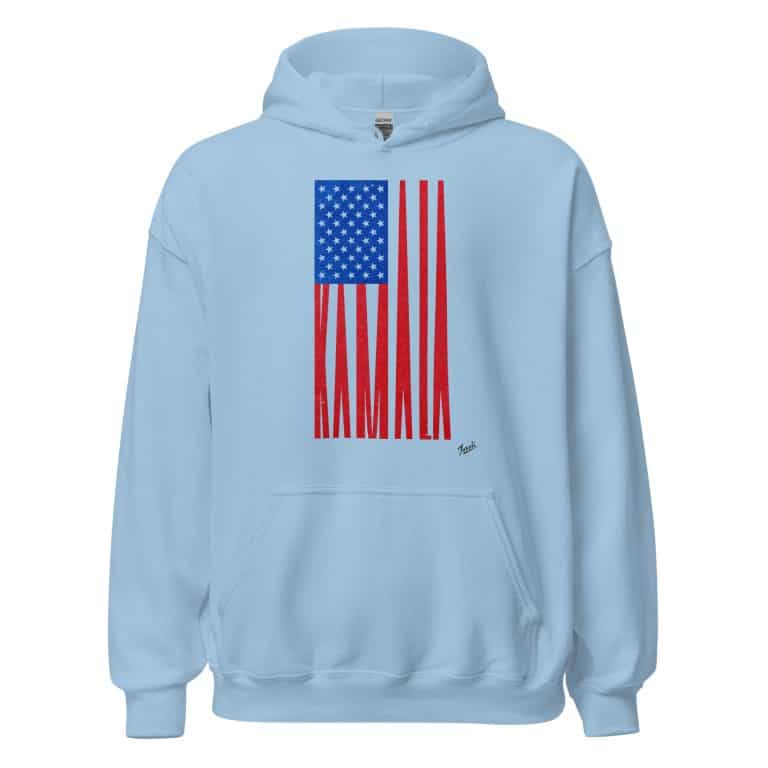 unisex-heavy-blend-hoodie-light-blue-front-66df53269ad0a.jpg Gary Taxali “Kamala Flag Simple Graphic” Unisex Hoodie - Light Colours - artist designed clothing by Gary Taxali