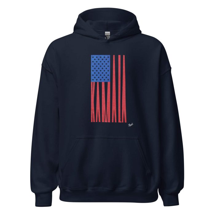 unisex-heavy-blend-hoodie-navy-front-66df51e39e5cf.jpg Gary Taxali “Kamala Flag Simple Graphic” Unisex Hoodie - artist designed clothing by Gary Taxali