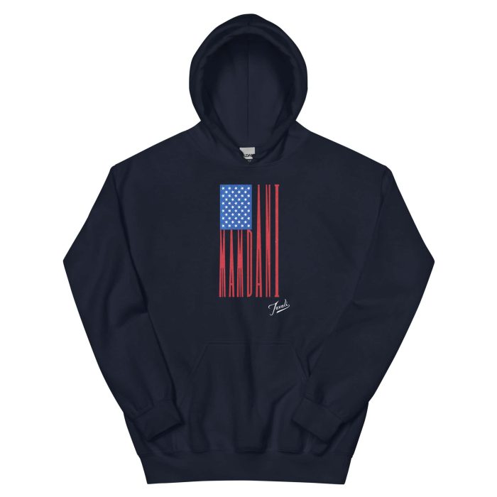 unisex-heavy-blend-hoodie-navy-front-692f4cf4b9eaf.jpg GARY TAXALI “MAMDANI FLAG” UNISEX HOODIE - DARK COLOURS - artist designed clothing by Canadian artist Gary Taxali