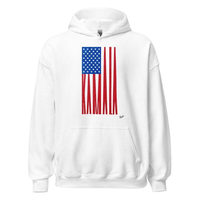 unisex-heavy-blend-hoodie-white-front-66df5326a1f41.jpg Gary Taxali “Kamala Flag Simple Graphic” Unisex Hoodie - Light Colours - artist designed clothing by Gary Taxali