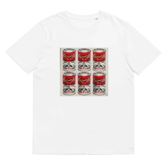 unisex-organic-cotton-t-shirt-white-front-62f2f169ebfb6.jpg "Campbell's Condensed Taxali" Unisex organic cotton t-shirt - artist designed clothing by Gary Taxali
