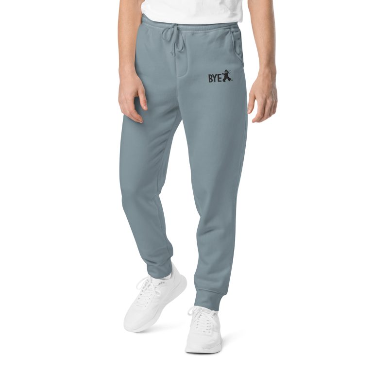unisex-pigment-dyed-sweatpants-pigment-slate-blue-front-67670affa4322.jpg Gary Taxali "Bye" on unisex pigment-dyed sweatpants - artist designed clothing by Gary Taxali