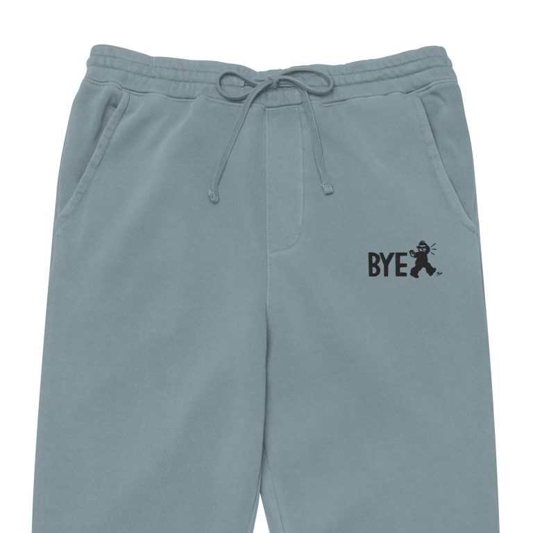 unisex-pigment-dyed-sweatpants-pigment-slate-blue-zoomed-in-67670affa43c0.jpg Gary Taxali "Bye" on unisex pigment-dyed sweatpants - artist designed clothing by Gary Taxali