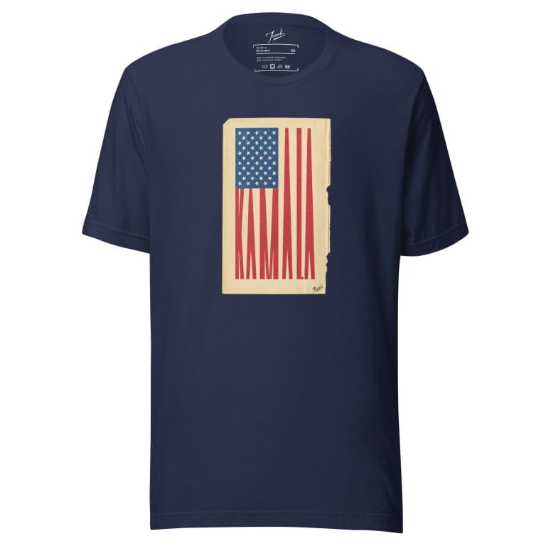 unisex-staple-eco-t-shirt-navy-front-66d10d7d9217e.jpg Gary Taxali "Kamala Flag" Unisex t-shirt - pop art apparel by Gary Taxali