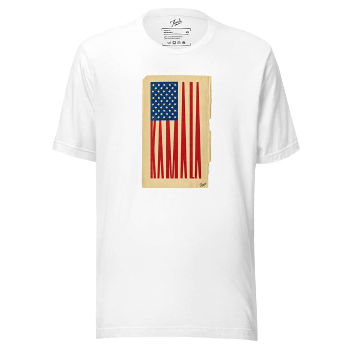 unisex-staple-eco-t-shirt-white-front-66d10d7d9340b.jpg Gary Taxali "Kamala Flag" Unisex t-shirt - pop art apparel by Gary Taxali