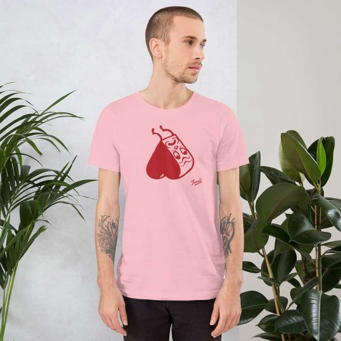 unisex-staple-t-shirt-pink-front-65381d77cc426.jpg "Upside Down Heart" Unisex Gary Taxali t-shirt - art fashion by Canadian artist Gary Taxali