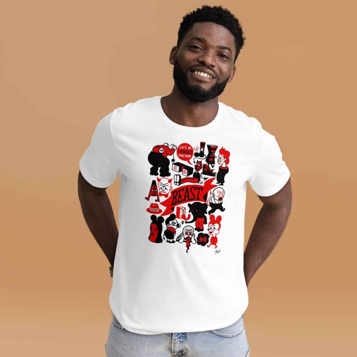 unisex-staple-t-shirt-white-front-2-6509f6bbb77f3.jpg "Let's Be Famous Together" Unisex Gary Taxali t-shirt - pop art apparel by Canadian artist Gary Taxali