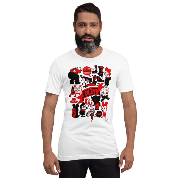 unisex-staple-t-shirt-white-front-6509f6bbb7a96.jpg "Let's Be Famous Together" Unisex Gary Taxali t-shirt - pop art apparel by Canadian artist Gary Taxali