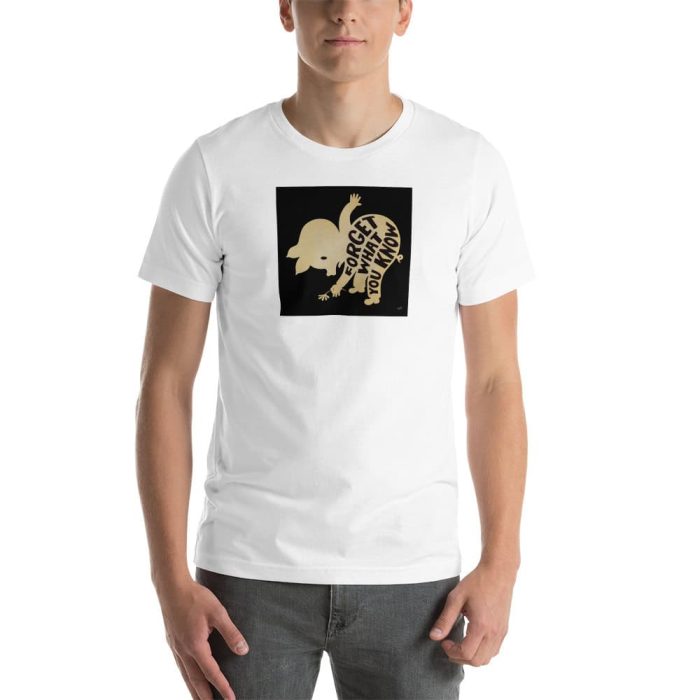 unisex-staple-t-shirt-white-front-653804c977a9a.jpg "Forget What You Know" Unisex Gary Taxali t-shirt - art fashion by Gary Taxali