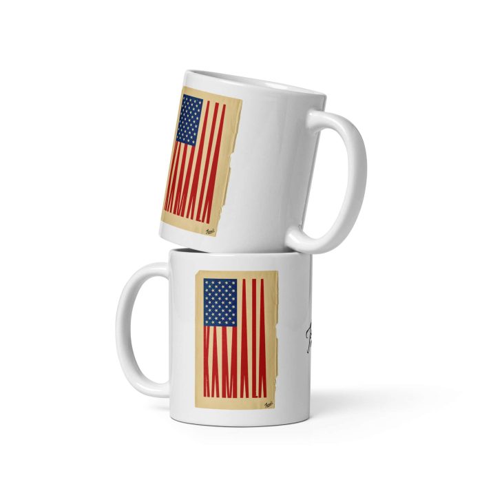 "Kamala Mug" white glossy mug - art gift by Canadian artist Gary Taxali