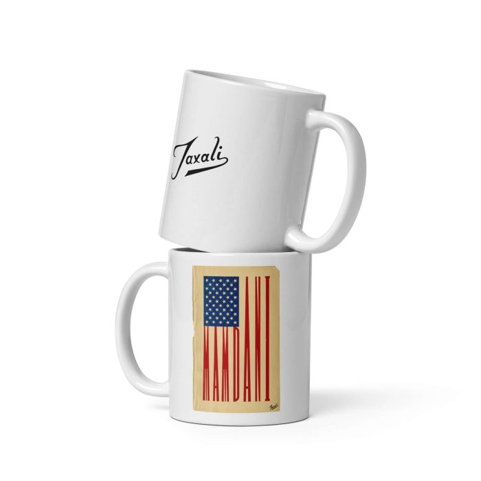 white-glossy-mug-white-11-oz-front-view-692f447f62340.jpg GARY TAXALI "MAMDANI FLAG" MUG - artist merchandise by Gary Taxali