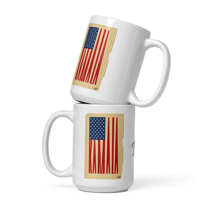 white-glossy-mug-white-15-oz-front-view-66d13e1d810f4.jpg "Kamala Mug" white glossy mug - art gift by Canadian artist Gary Taxali