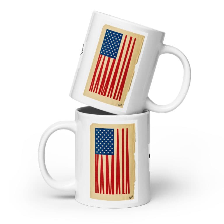 white-glossy-mug-white-20-oz-front-view-66d13e1d812c5.jpg "Kamala Mug" white glossy mug - art gift by Canadian artist Gary Taxali