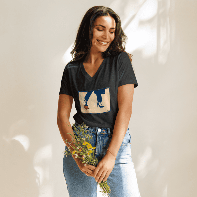 womens-relaxed-v-neck-t-shirt-dark-grey-heather-front-66d399e07947d “Gary Taxali “Kamala Wave” Women’s relaxed v-neck t-shirt - art fashion by Gary Taxali