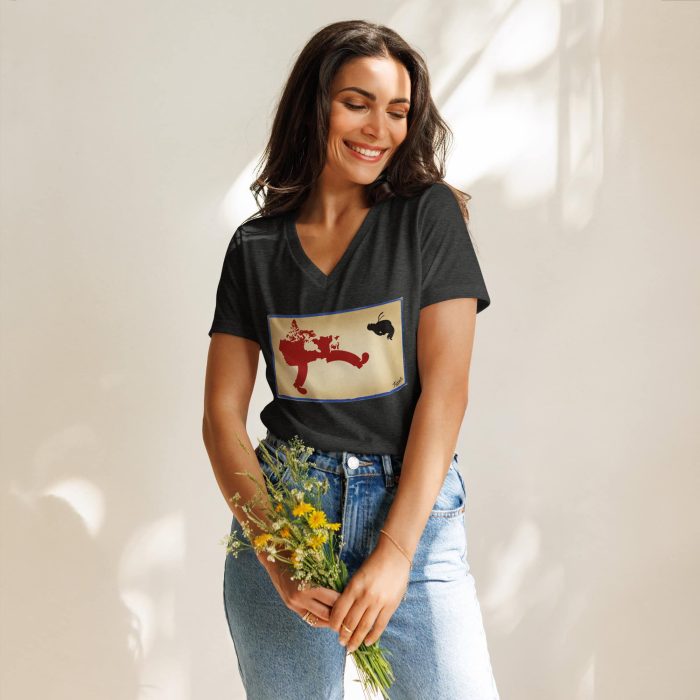 womens-relaxed-v-neck-t-shirt-dark-grey-heather-front-67a271b548d31.jpg GARY TAXALI “MESSAGE FROM CANADA" WOMEN'S RELAXED V-NECK T-SHIRT - pop art apparel by Canadian artist Gary Taxali