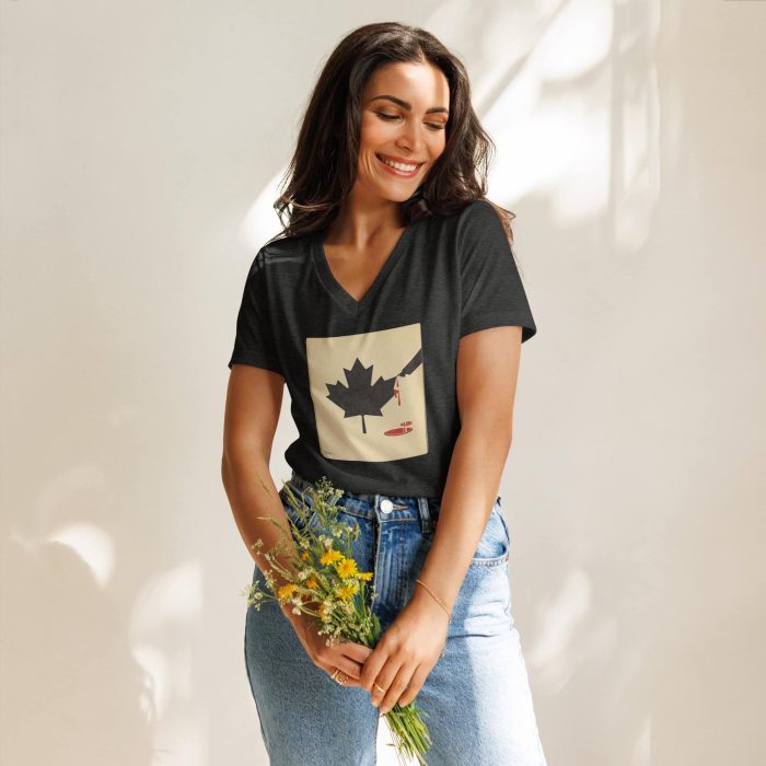 womens-relaxed-v-neck-t-shirt-dark-grey-heather-front-67a27df2a096a.jpg GARY TAXALI “DON'T MESS WITH CANADA” WOMEN’S RELAXED V-NECK T-SHIRT - art fashion by Canadian artist Gary Taxali