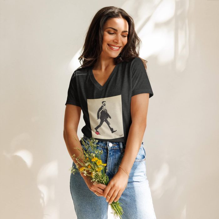 womens-relaxed-v-neck-t-shirt-dark-grey-heather-front-690f7cea5e39a.jpg GARY TAXALI “ZOHRAN MAMDANI” RELAXED WOMEN'S V-NECK T-SHIRT - artist designed clothing by Gary Taxali