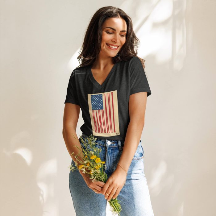 womens-relaxed-v-neck-t-shirt-dark-grey-heather-front-692f46be843cf.jpg GARY TAXALI “MAMDANI FLAG” WOMEN’S RELAXED V-NECK T-SHIRT - pop art apparel by Canadian artist Gary Taxali