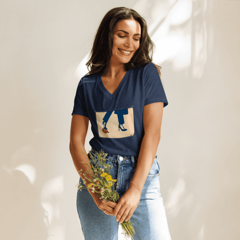 womens-relaxed-v-neck-t-shirt-heather-navy-front-66d399e051e5e “Gary Taxali “Kamala Wave” Women’s relaxed v-neck t-shirt - art fashion by Gary Taxali