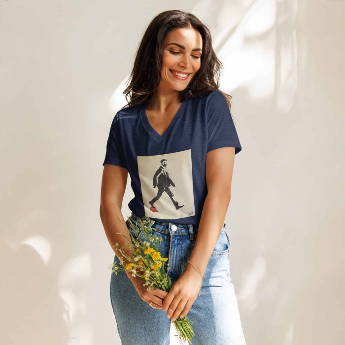 womens-relaxed-v-neck-t-shirt-heather-navy-front-690f7cea5d8ae.jpg GARY TAXALI “ZOHRAN MAMDANI” RELAXED WOMEN'S V-NECK T-SHIRT - artist designed clothing by Gary Taxali