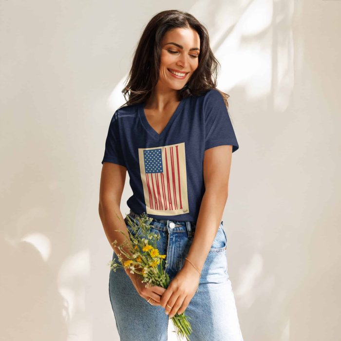 womens-relaxed-v-neck-t-shirt-heather-navy-front-692f46be8338a.jpg GARY TAXALI “MAMDANI FLAG” WOMEN’S RELAXED V-NECK T-SHIRT - pop art apparel by Canadian artist Gary Taxali