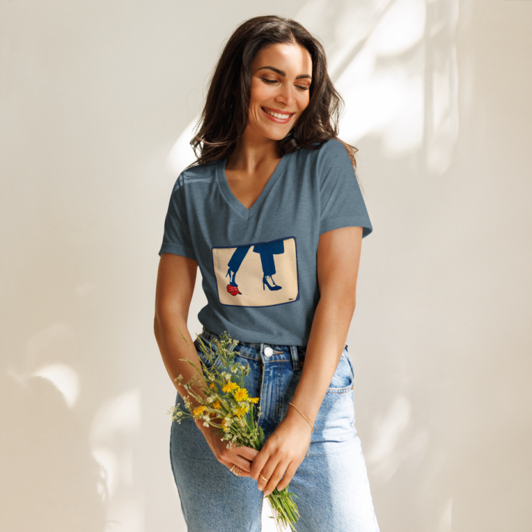 womens-relaxed-v-neck-t-shirt-heather-slate-front-66d399e0a293d “Gary Taxali “Kamala Wave” Women’s relaxed v-neck t-shirt - art fashion by Gary Taxali