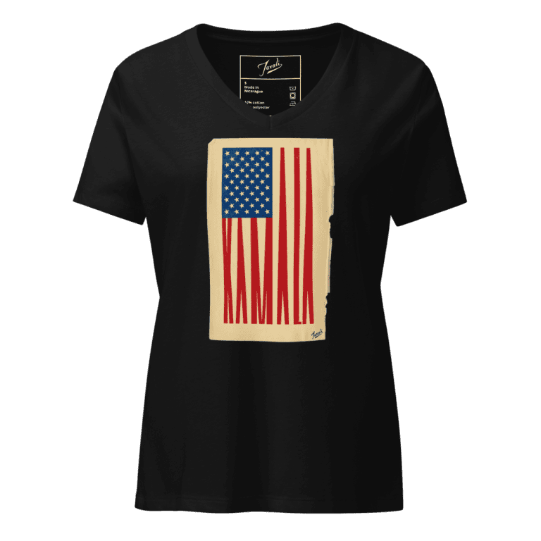 womens-relaxed-v-neck-t-shirt-solid-black-blend-front-66d3a3318a2d0 “Gary Taxali “Kamala Flag” Women’s relaxed v-neck t-shirt - pop art apparel by Gary Taxali