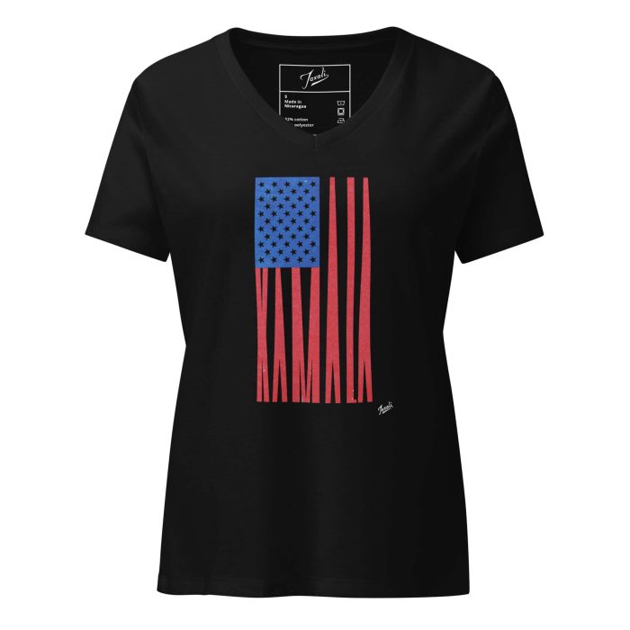 womens-relaxed-v-neck-t-shirt-solid-black-blend-front-66dda481262fb.jpg Gary Taxali “Kamala Flag Simple Graphic” Women’s relaxed v-neck t-shirt - artist designed clothing by Gary Taxali