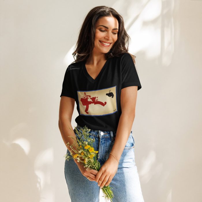 womens-relaxed-v-neck-t-shirt-solid-black-blend-front-67a271b547d66.jpg GARY TAXALI “MESSAGE FROM CANADA" WOMEN'S RELAXED V-NECK T-SHIRT - pop art apparel by Canadian artist Gary Taxali